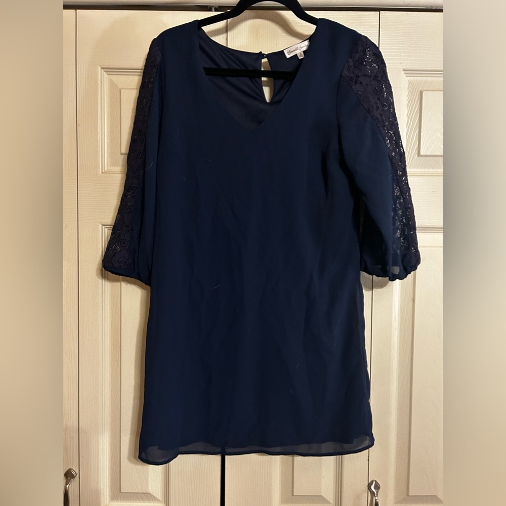 Navy dress with lace sleeves